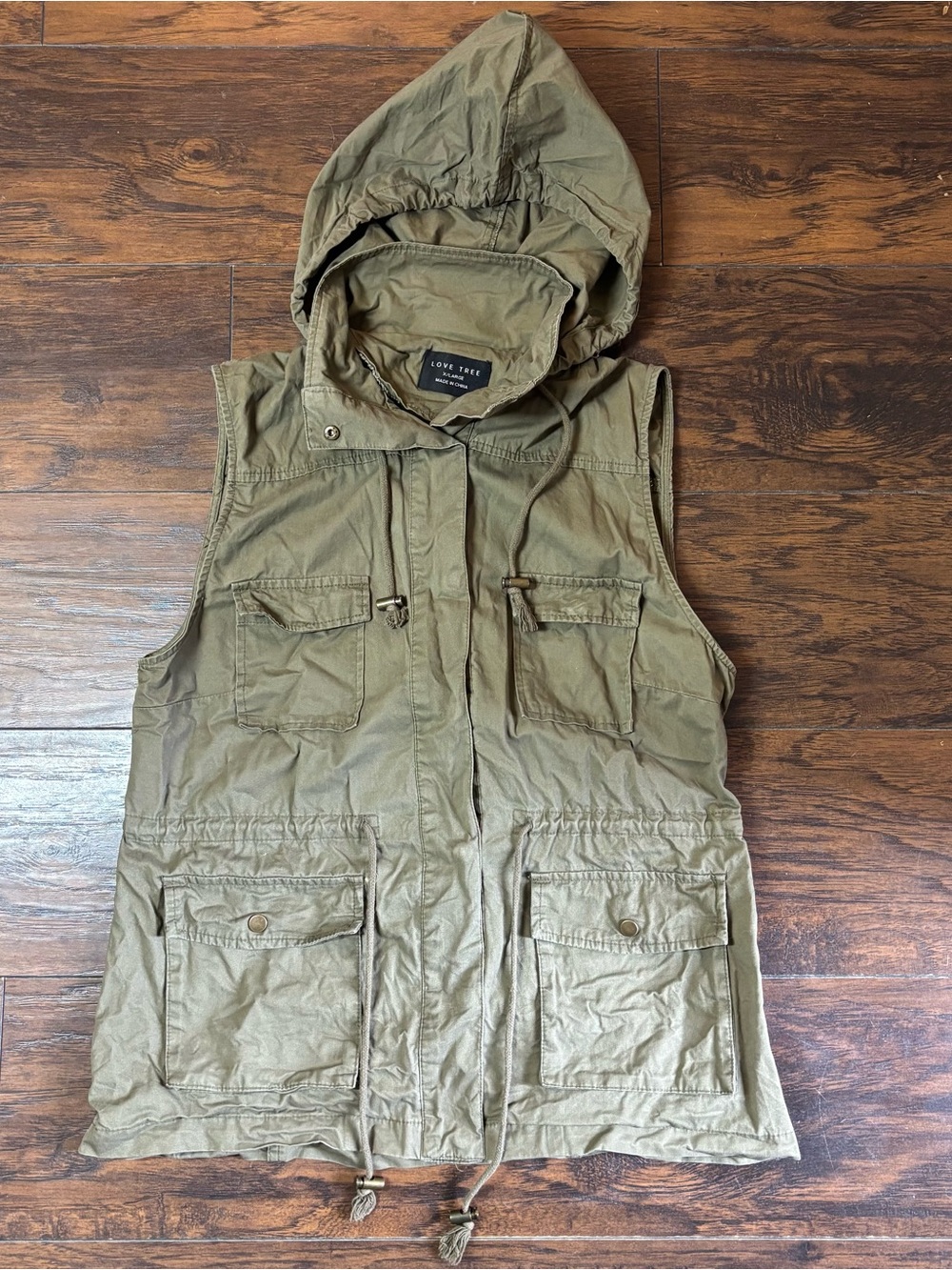 Love Tree Women’s Olive Hooded Utility Vest 100% Cotton XL